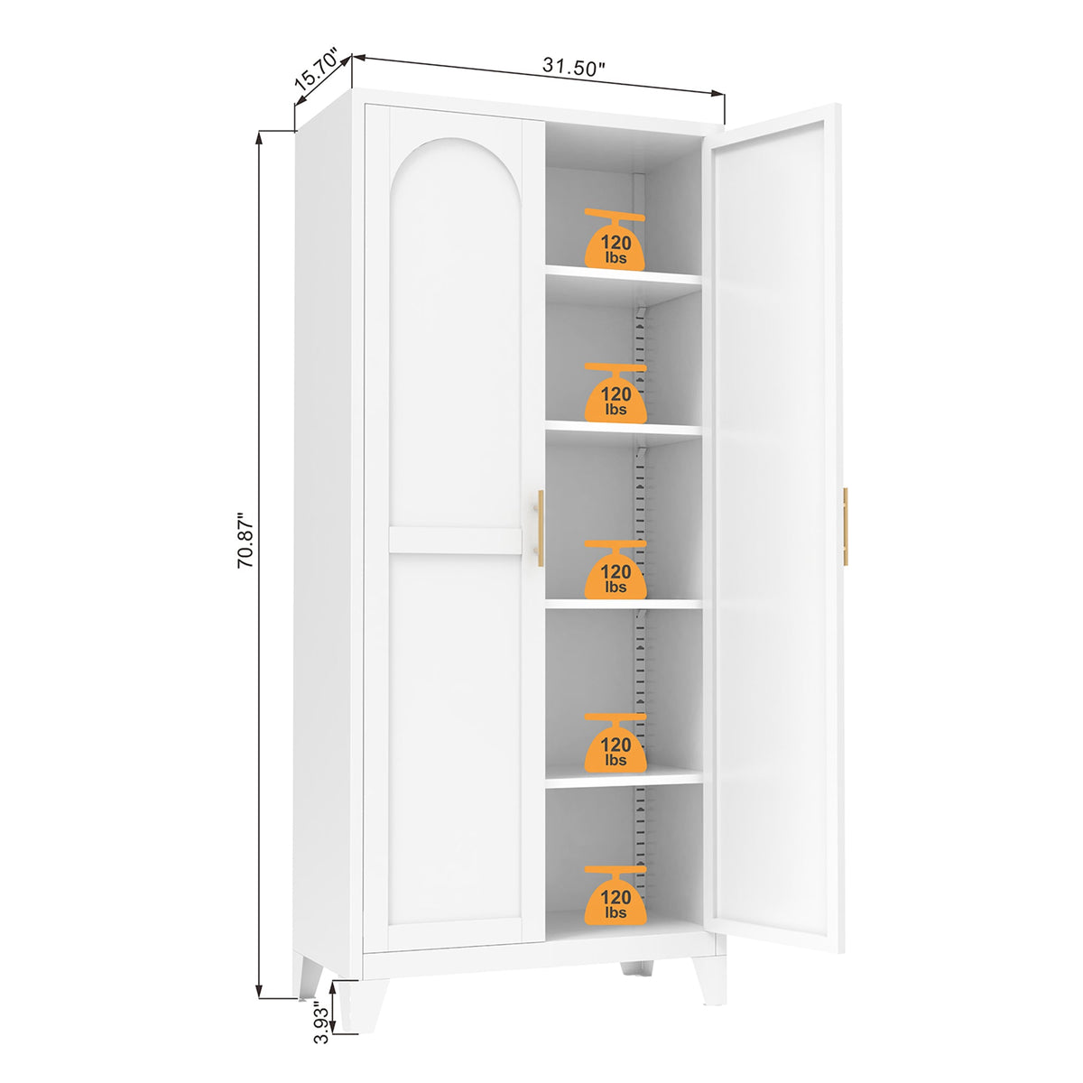 Little Arch 71 cabinet in Chalk with one door open, showing shelf positions and dimensions