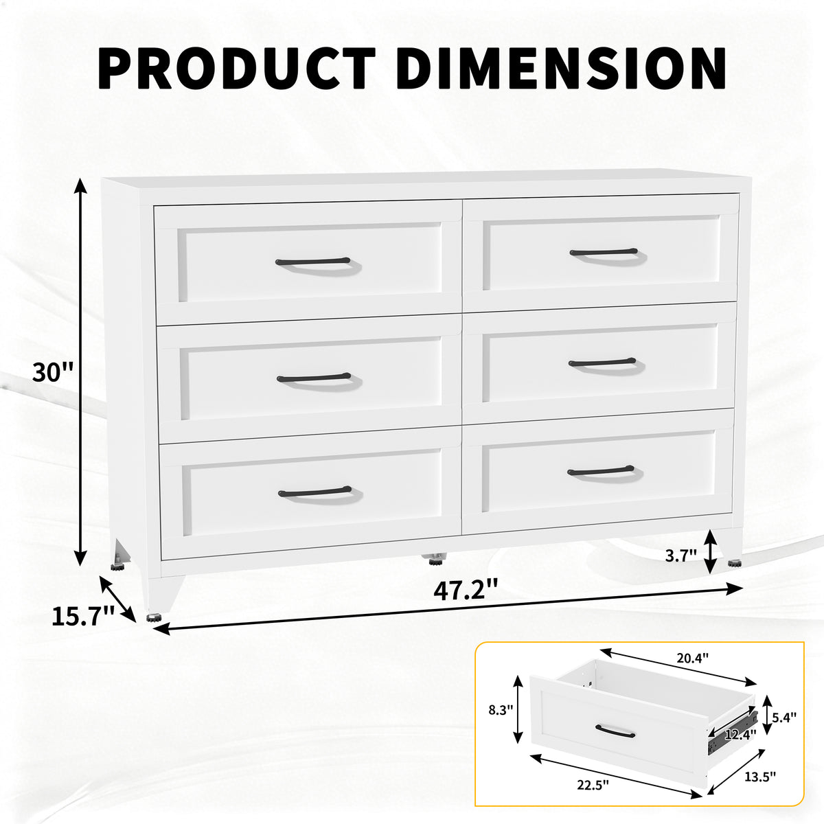 6-Drawer Dresser dimension diagram: 47.2 in wide, 15.7 in deep, 30 in tall; each drawer 20.4 × 12.4 in inside