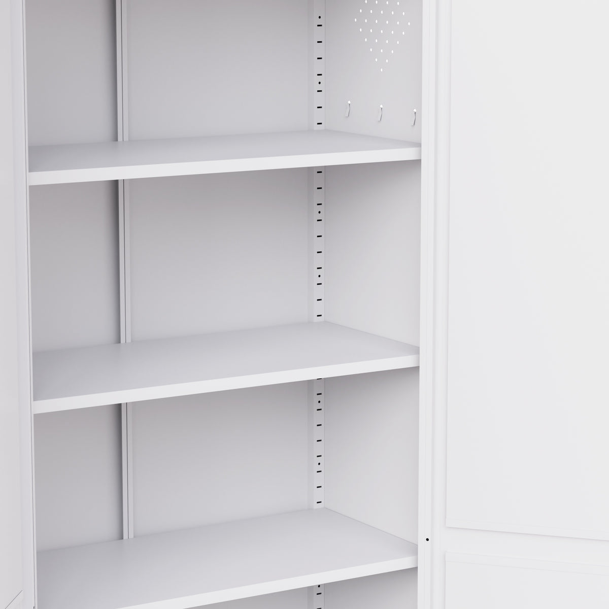 Close-up of the adjustable shelves inside Pantry 72
