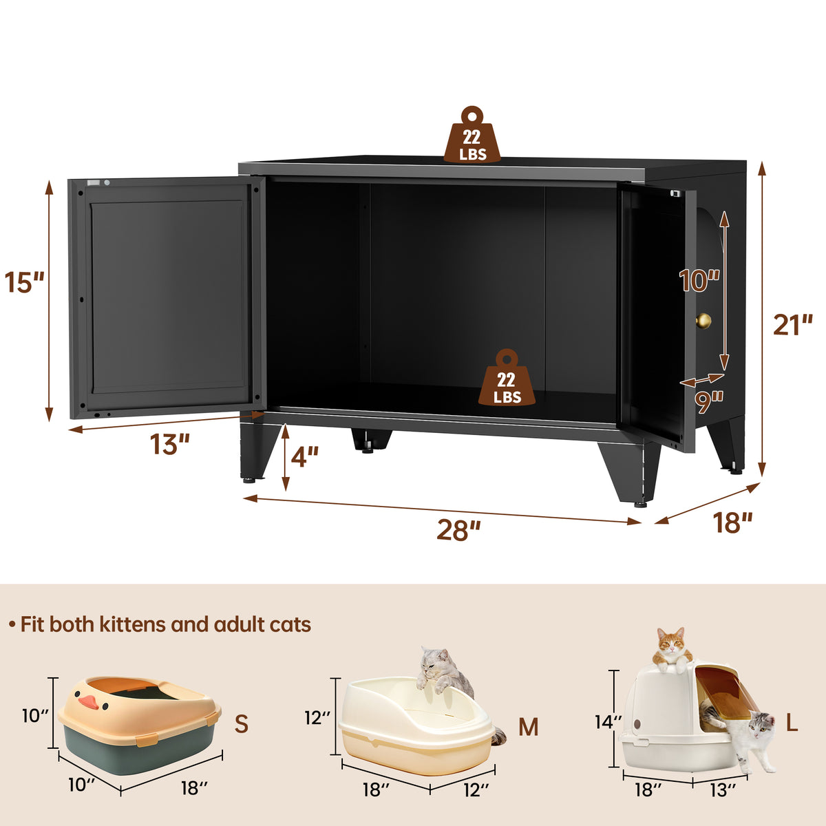 Litter Box Cabinet dimension diagram: 28 in wide, 18 in deep, 21 in tall on 4 in legs, with the litter box sizes that fit inside