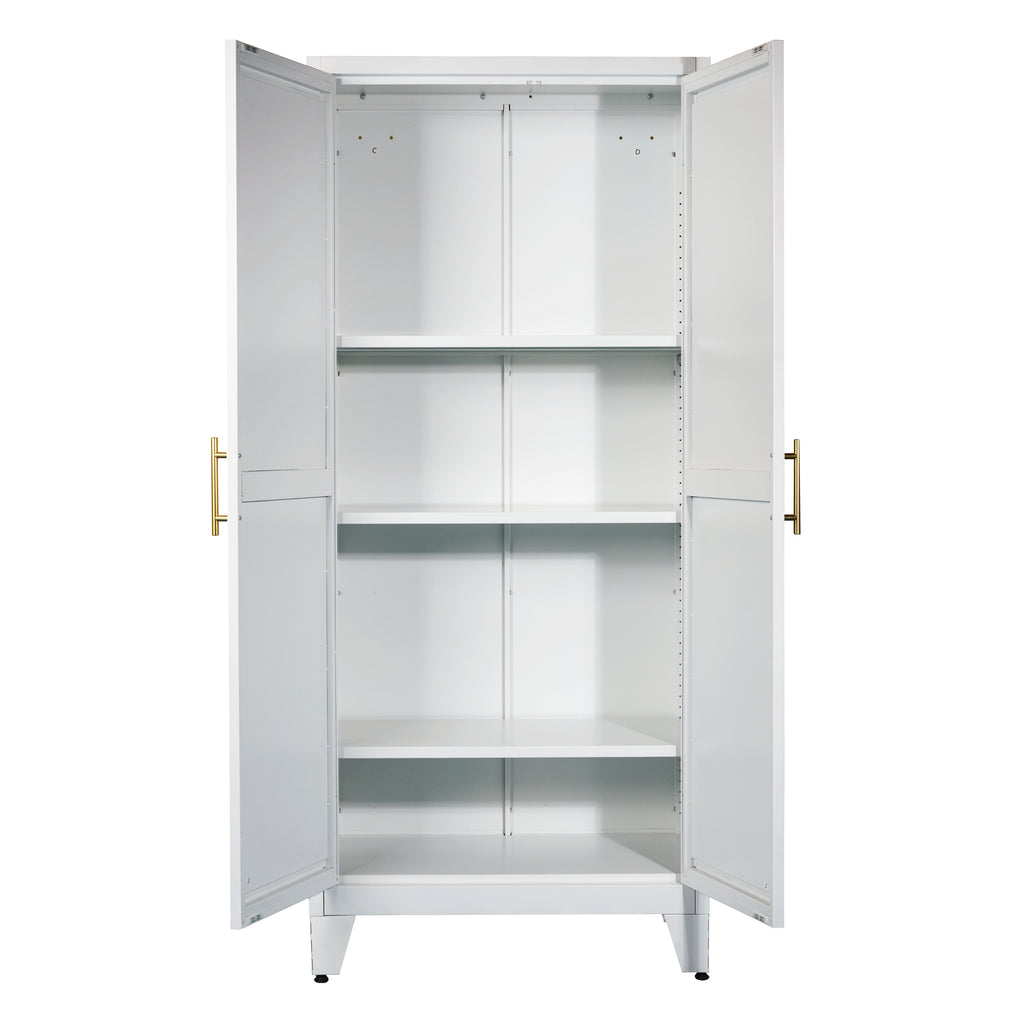 Little Arch 71 cabinet in Chalk with both doors open, showing empty adjustable shelves