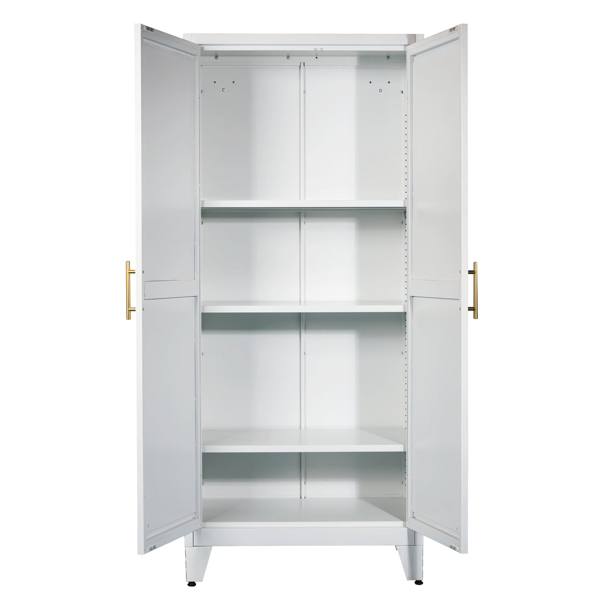 Little Arch 71 cabinet in Chalk with both doors open, showing empty adjustable shelves
