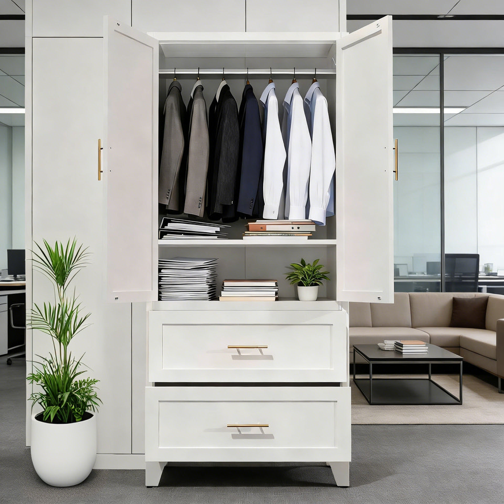 Arch Wardrobe 71 with doors open, clothes on the hanging rod, in a modern room