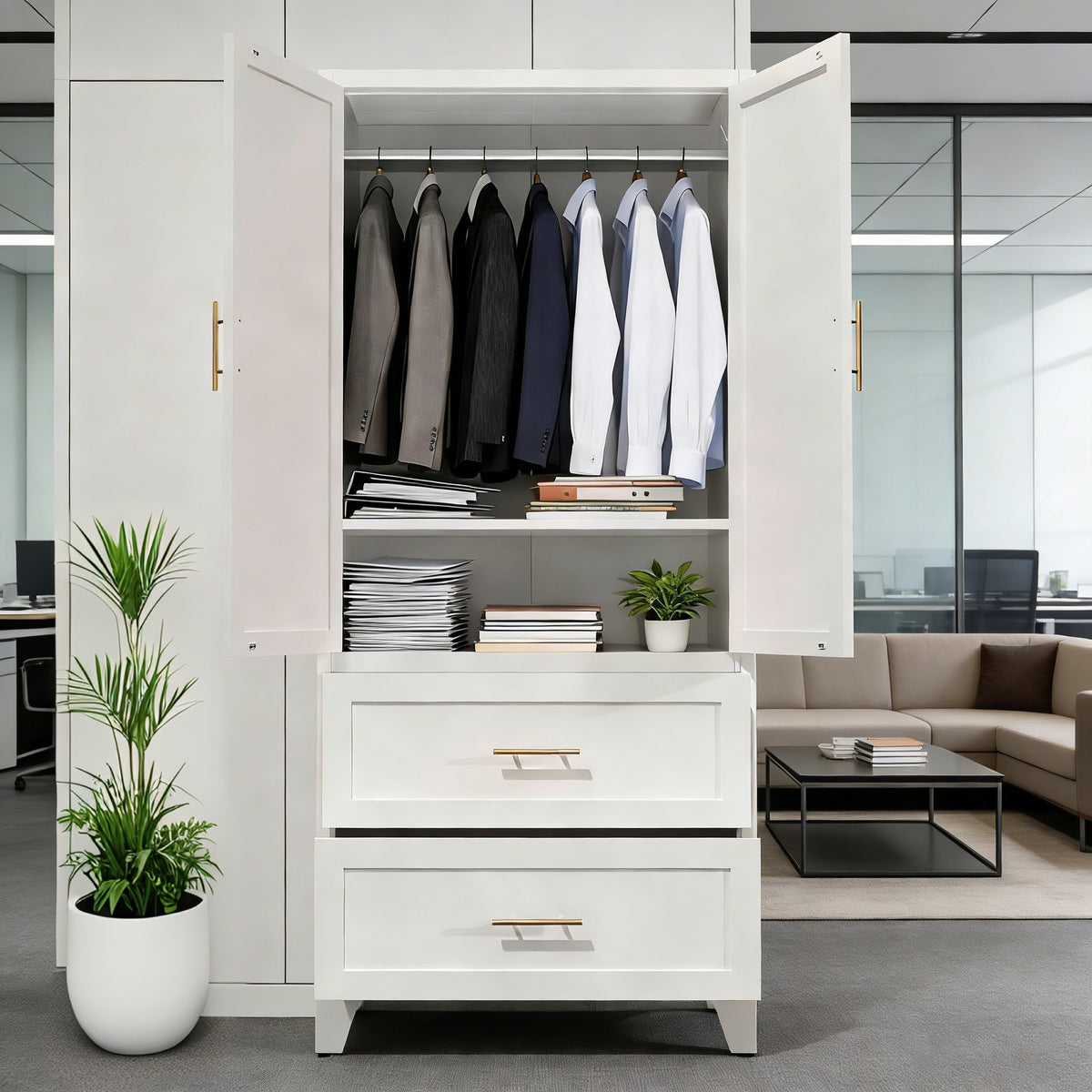 Arch Wardrobe 71 with doors open, clothes on the hanging rod, in a modern room