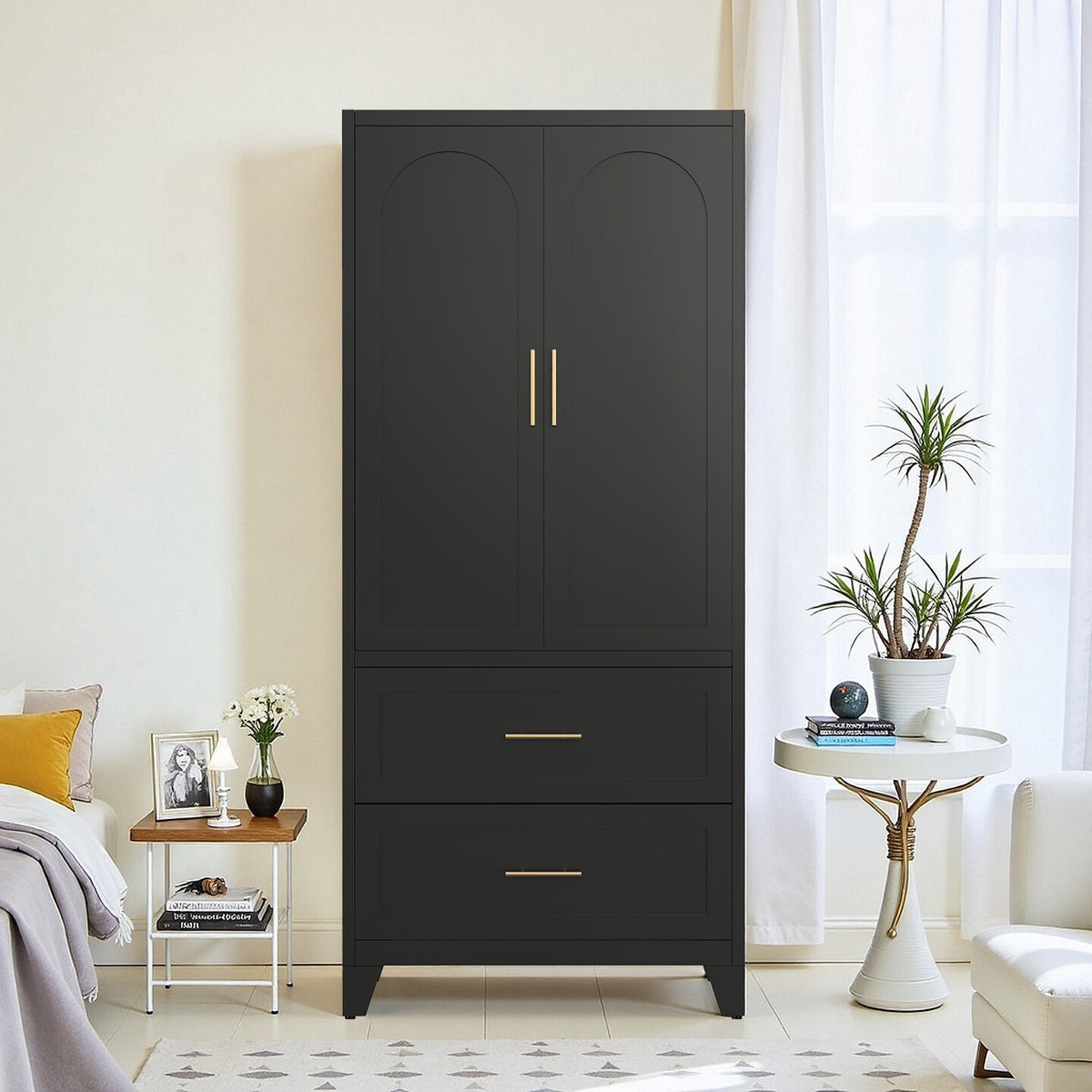 Arch Wardrobe 71 in Graphite in a bright bedroom, doors closed