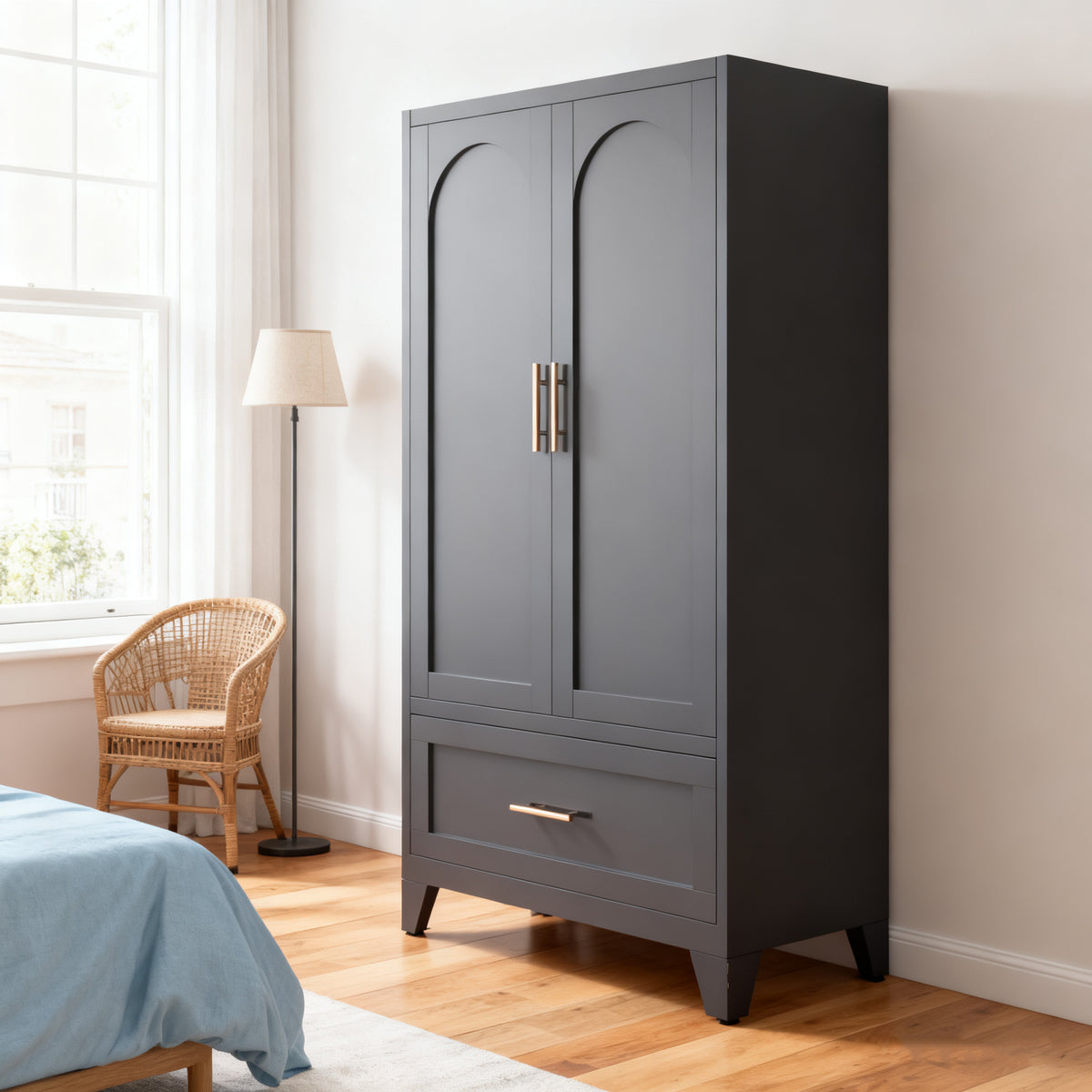 Arch Wardrobe 60 in Graphite in a bedroom, doors closed