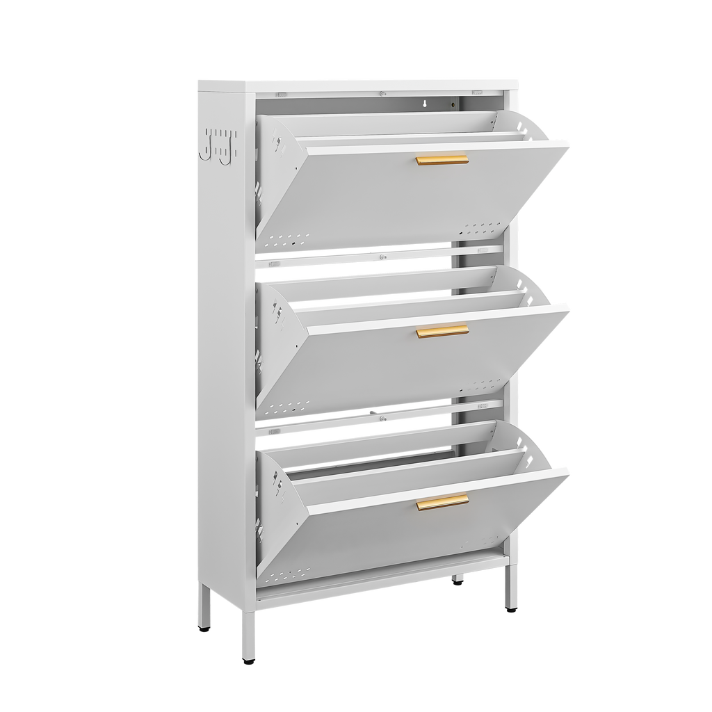 Slim Shoe Cabinet 48 with all three drawers tilted open, empty