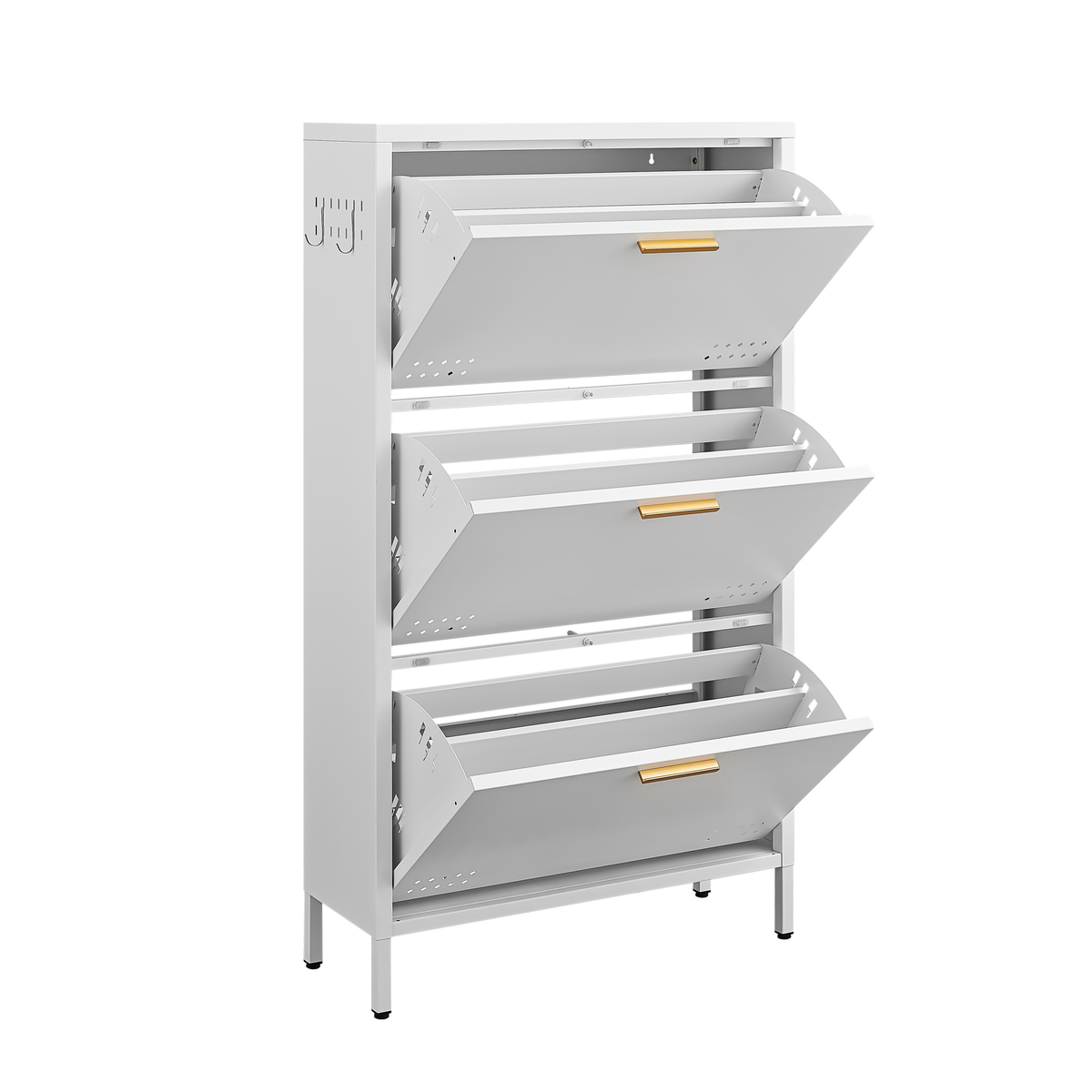 Slim Shoe Cabinet 48 with all three drawers tilted open, empty