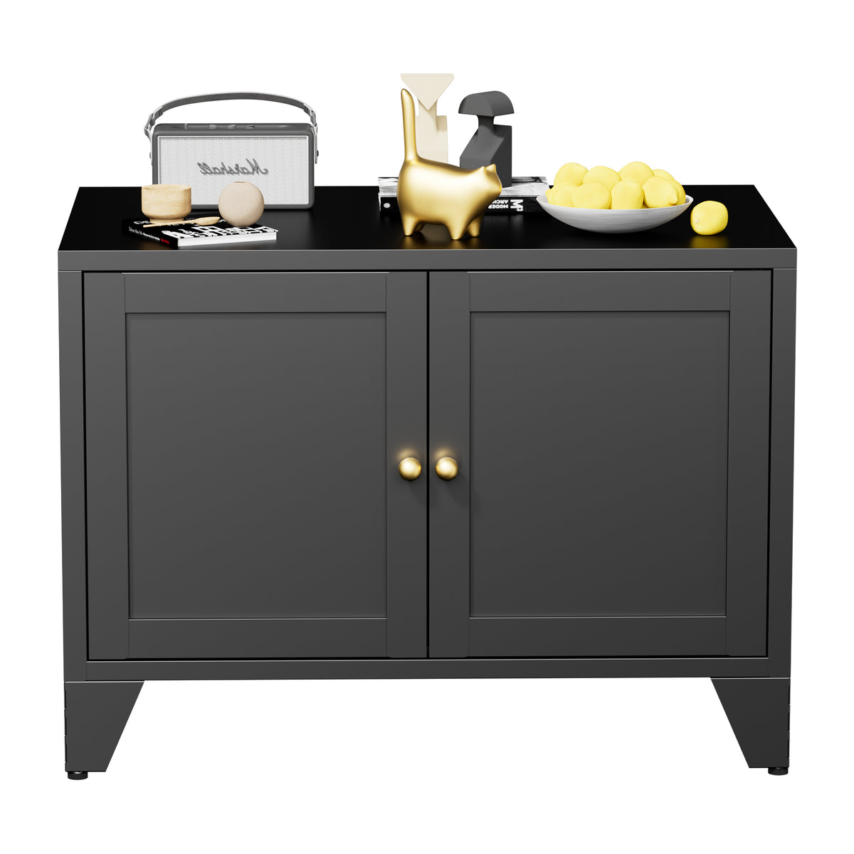 Litter Box Cabinet with a radio, a vase and decor on top, doors closed