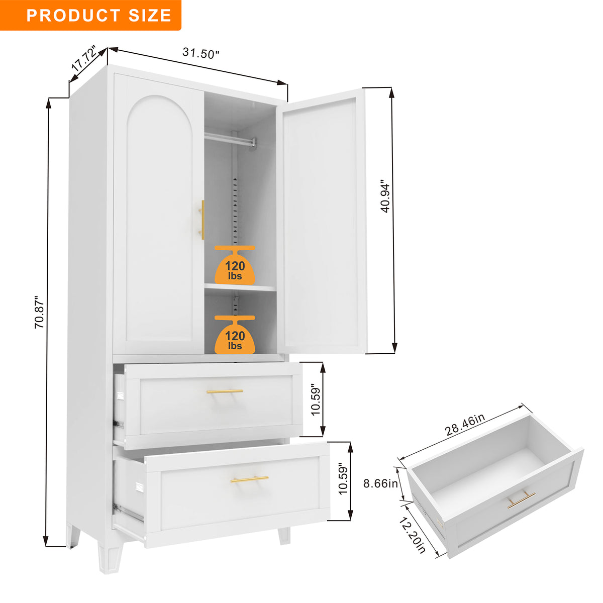 Arch Wardrobe 71 with one door open, showing the interior layout and dimensions