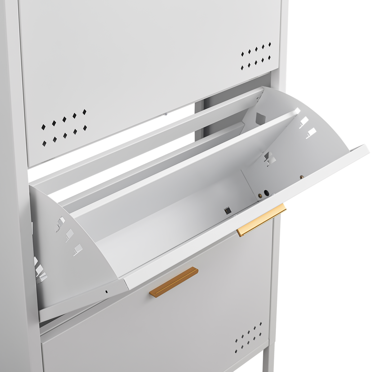 Close-up of an open tilt-out drawer on Slim Shoe Cabinet 48