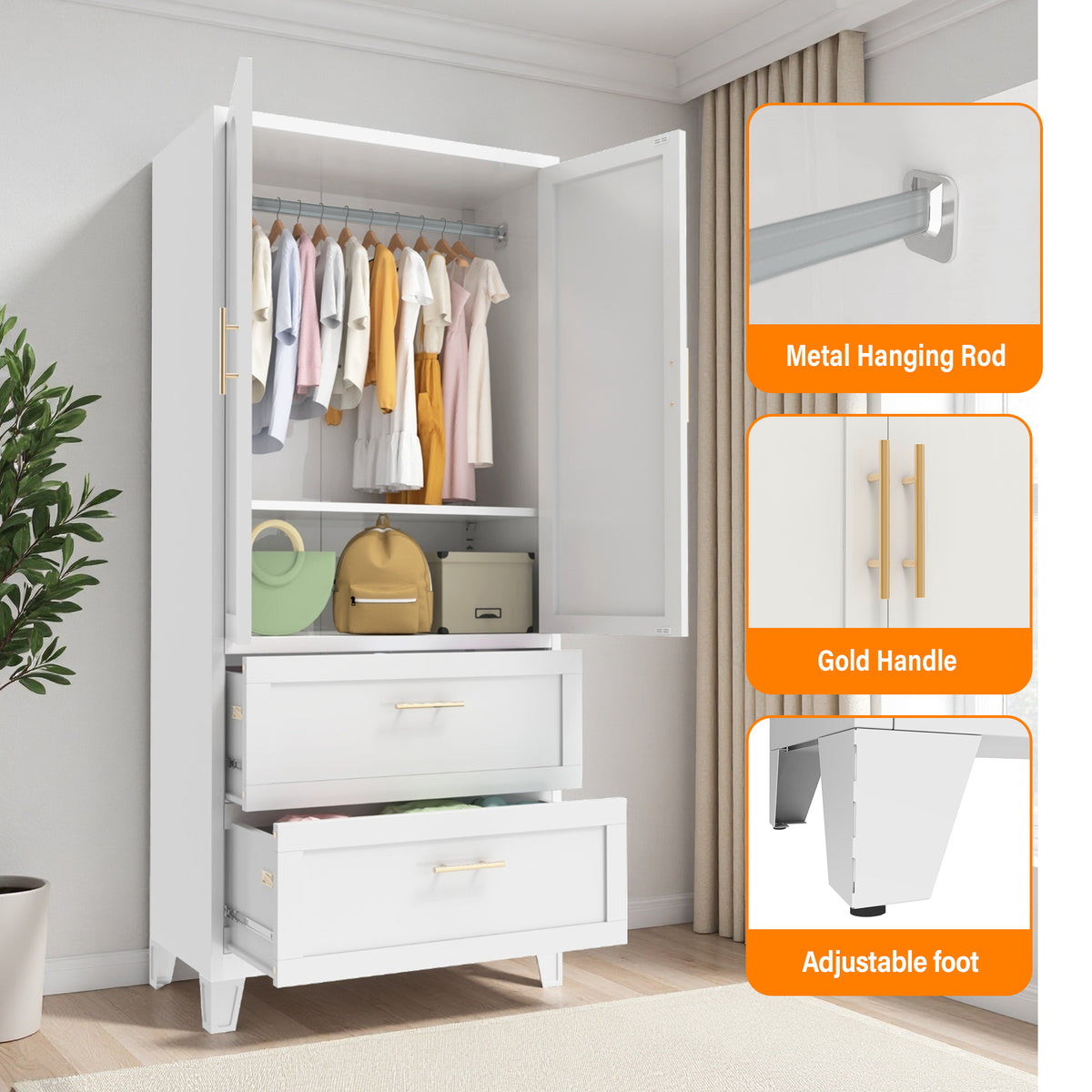 Arch Wardrobe 71 details: metal hanging rod, gold-tone handles and adjustable foot