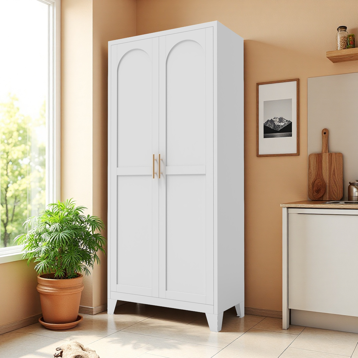 Little Arch 71 cabinet in Chalk in a sunlit room beside a window and a potted plant