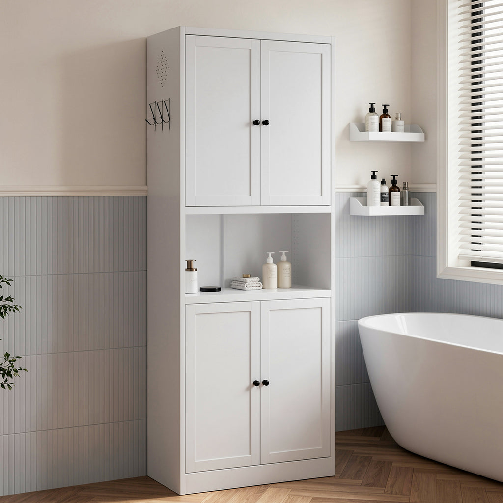 Pantry Hutch 72 in Chalk in a bathroom beside a bathtub, doors closed, toiletries on the open shelf