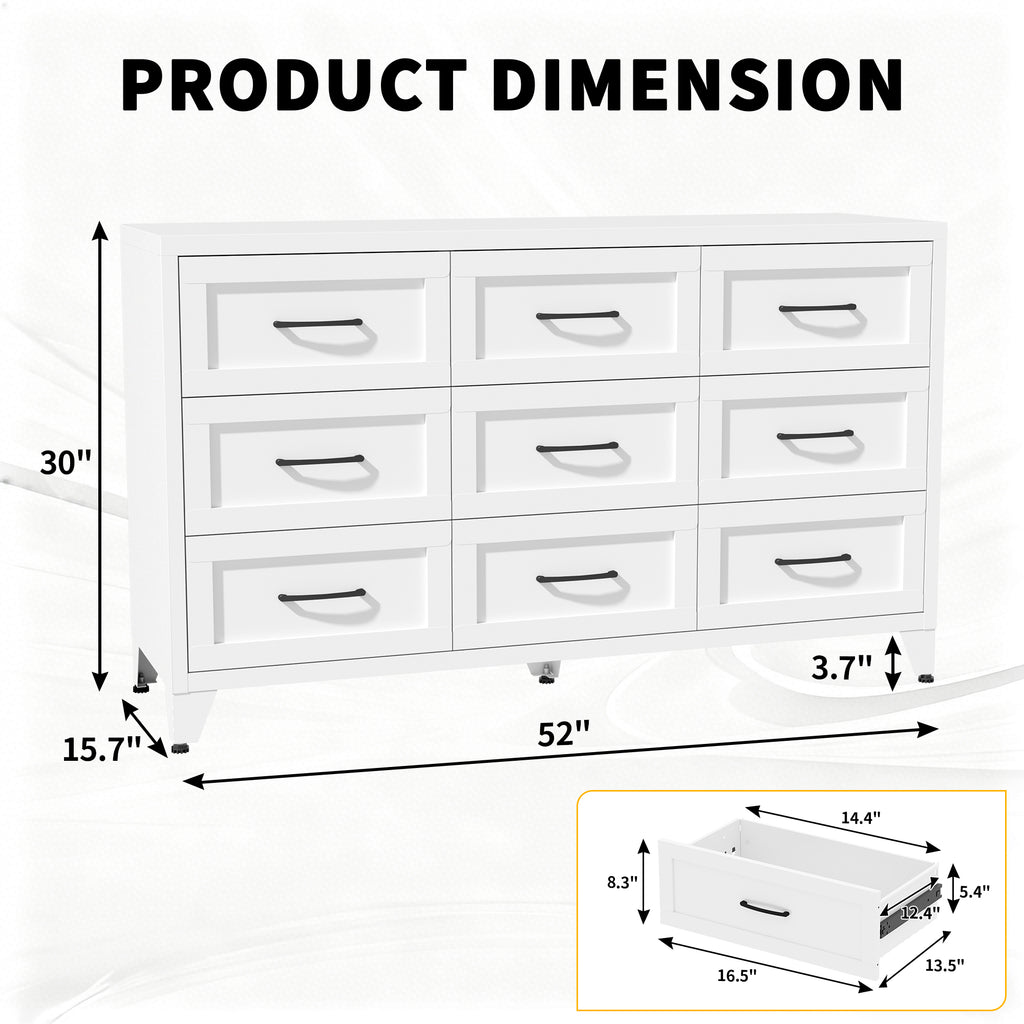 9-Drawer Dresser dimension diagram: 52 in wide, 15.7 in deep, 30 in tall; each drawer 14.4 × 12.4 in inside