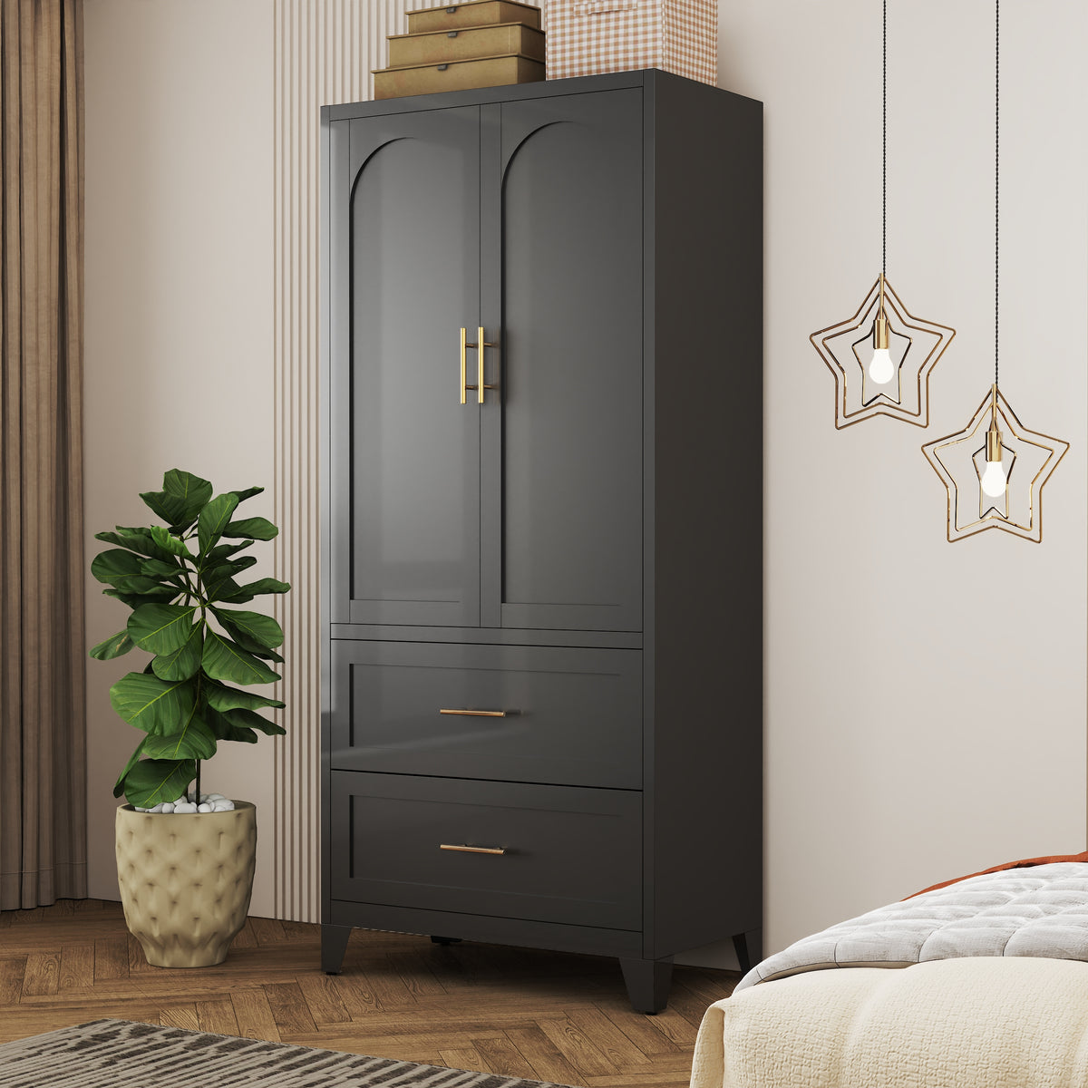 Arch Wardrobe 71 in Graphite in a room with pendant lights, doors closed