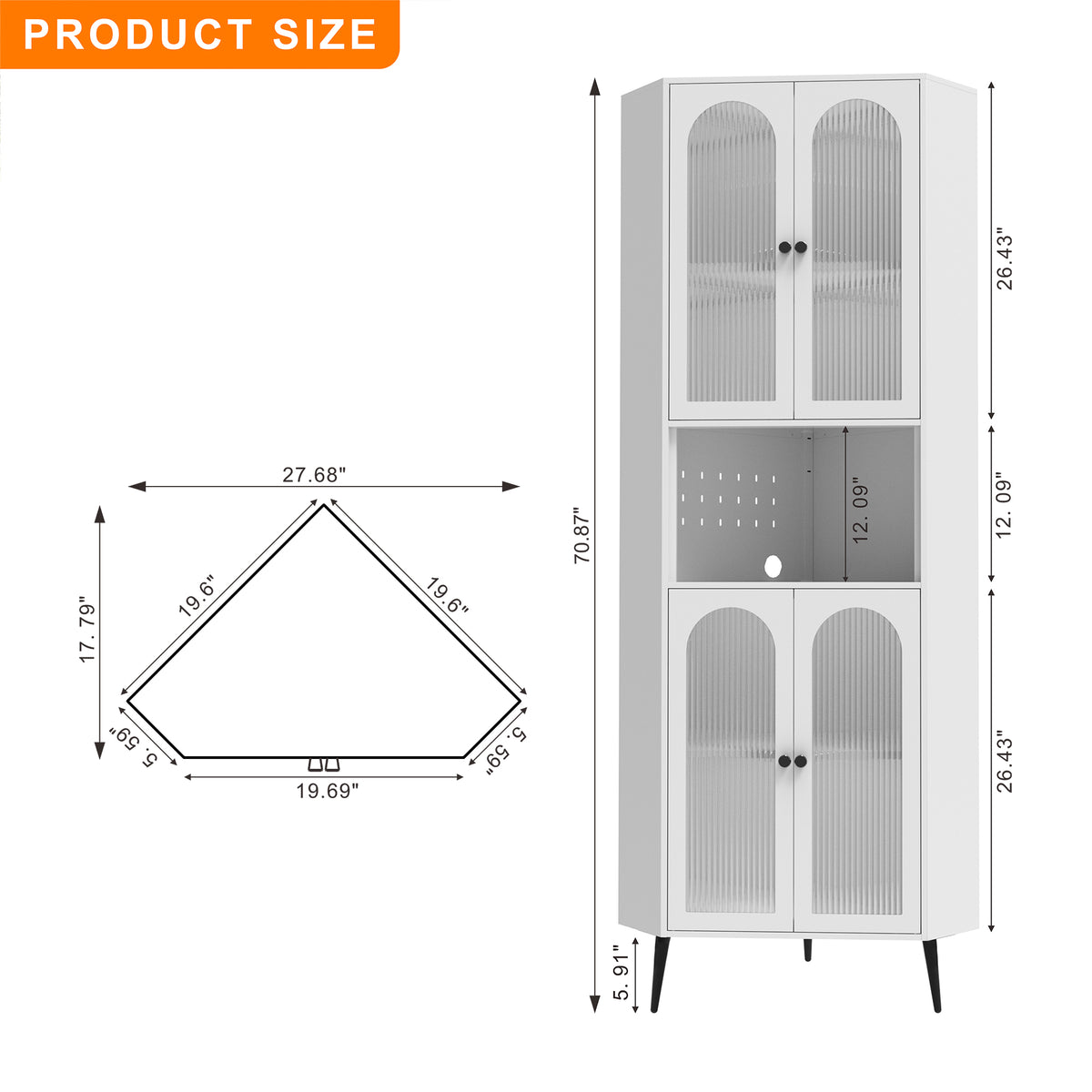 Arch Corner Cabinet 71 dimension diagram: 27.68 in across, 19.6 in along each wall, 70.87 in tall