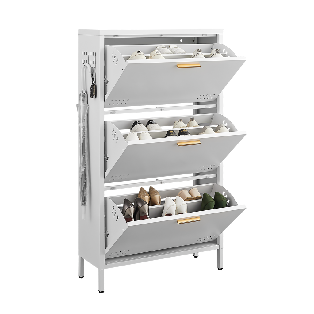 Slim Shoe Cabinet 48 with all three tilt-out drawers open, holding shoes