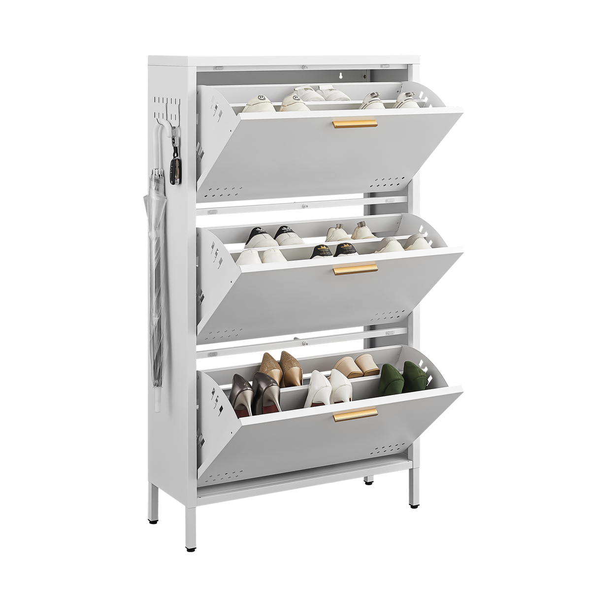 Slim Shoe Cabinet 48 with all three tilt-out drawers open, holding shoes