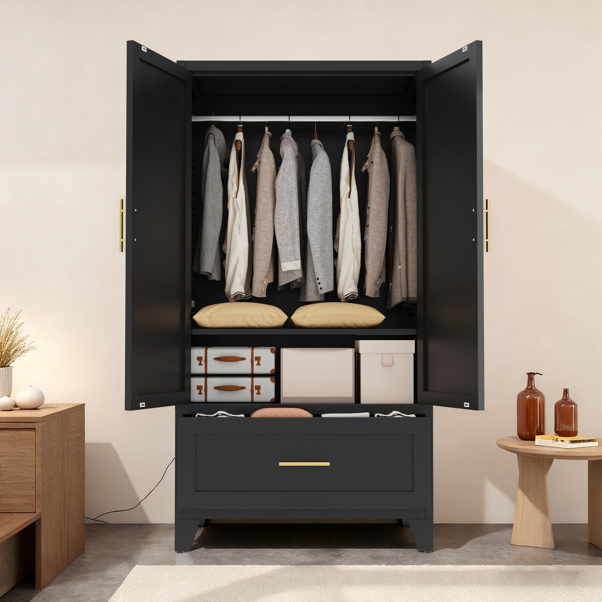 Arch Wardrobe 60 in Graphite with doors open, clothes on the hanging rod and the drawer pulled out