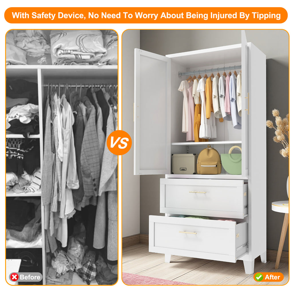 Comparison graphic of Arch Wardrobe 71 and an open clothes rack