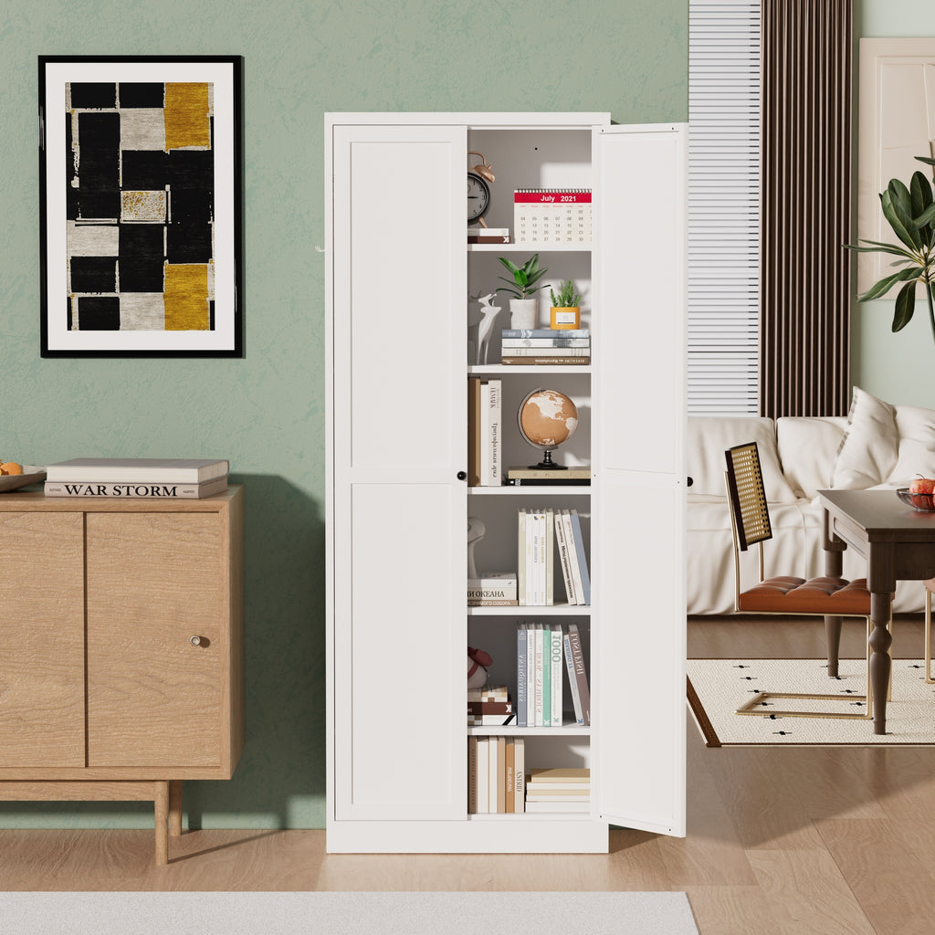 Pantry 72 in a living room with one door open, shelves holding books and decor