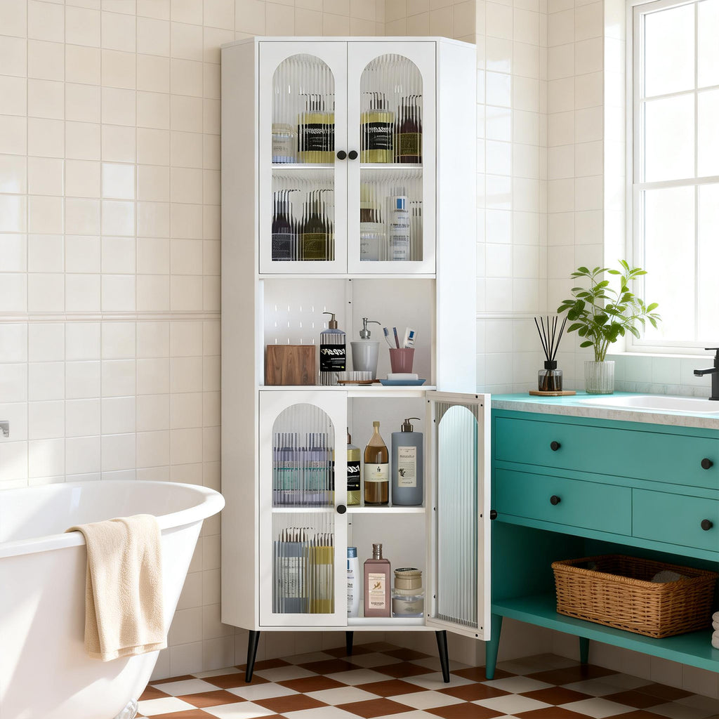 Arch Corner Cabinet 71 in a bathroom with the lower doors open, holding toiletries