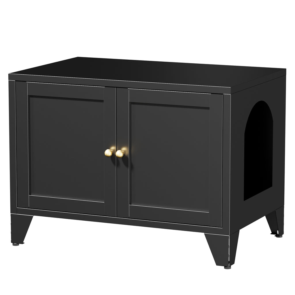 Litter Box Cabinet in Graphite, angled view showing the arched side entrance