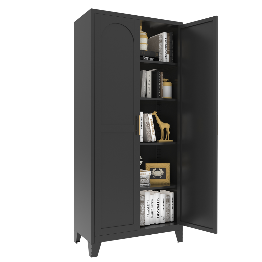 Little Arch 71 cabinet in Graphite with doors open, shelves holding books and decor