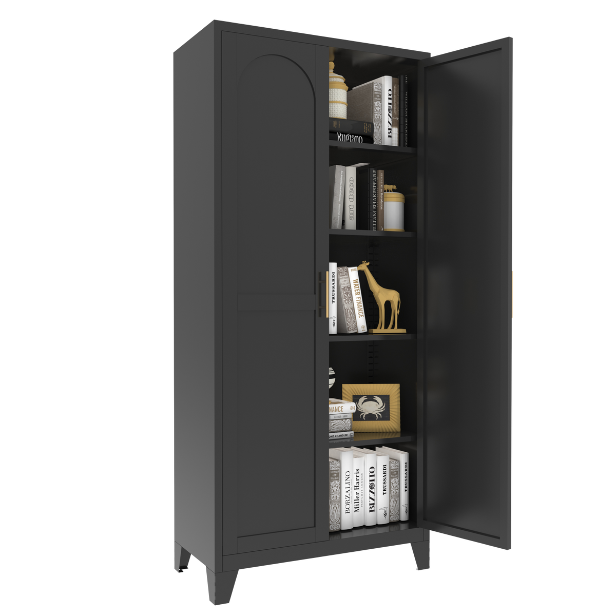 Little Arch 71 cabinet in Graphite with doors open, shelves holding books and decor