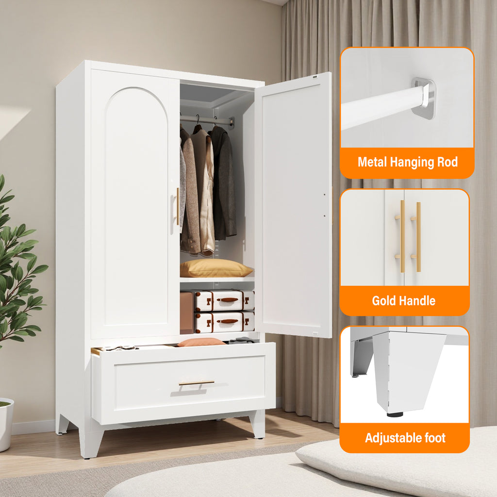 Arch Wardrobe 60 details: metal hanging rod, gold-tone handle and adjustable foot