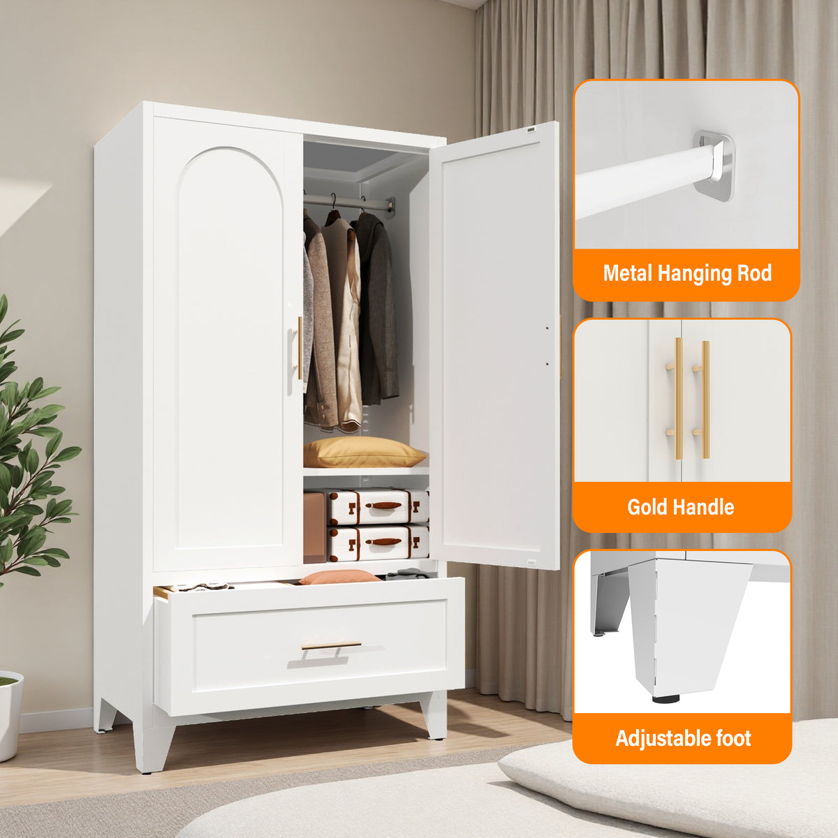 Arch Wardrobe 60 details: metal hanging rod, gold-tone handle and adjustable foot