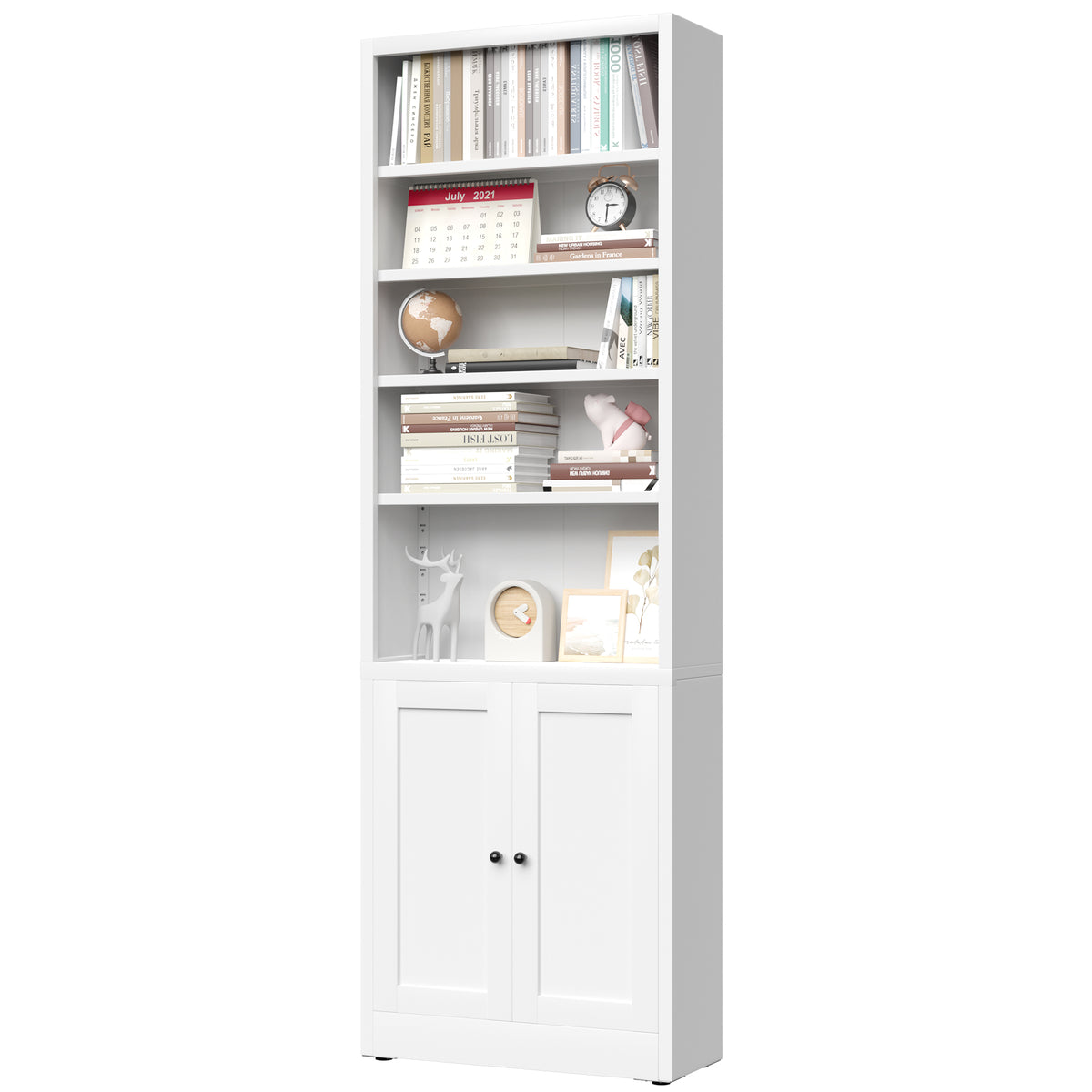 Bookcase 71 in Chalk with books and decor, angled view