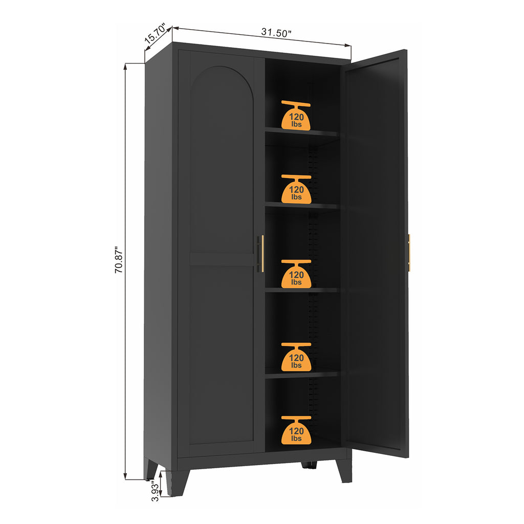 Little Arch 71 cabinet in Graphite with one door open, showing shelf positions and dimensions