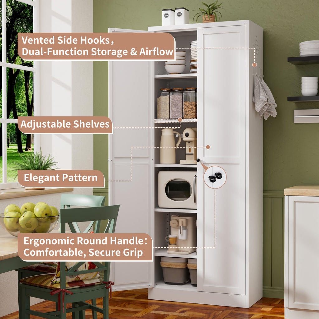 Pantry 72 feature graphic: side hooks, adjustable shelves and round handles