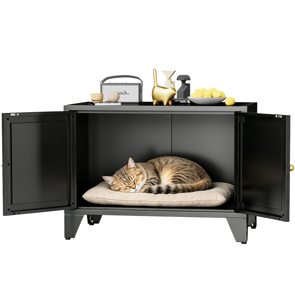Litter Box Cabinet with both front doors open and a cat asleep on a cushion inside