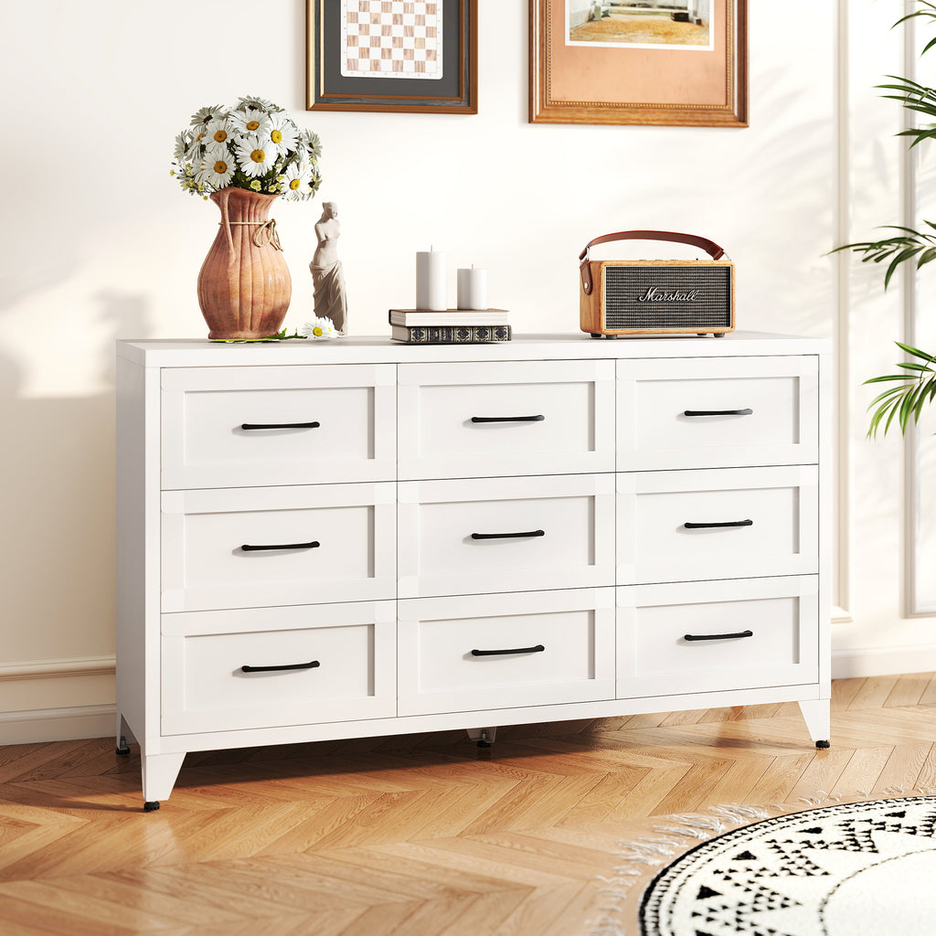 9-Drawer Dresser in a living room with a radio and flowers on top