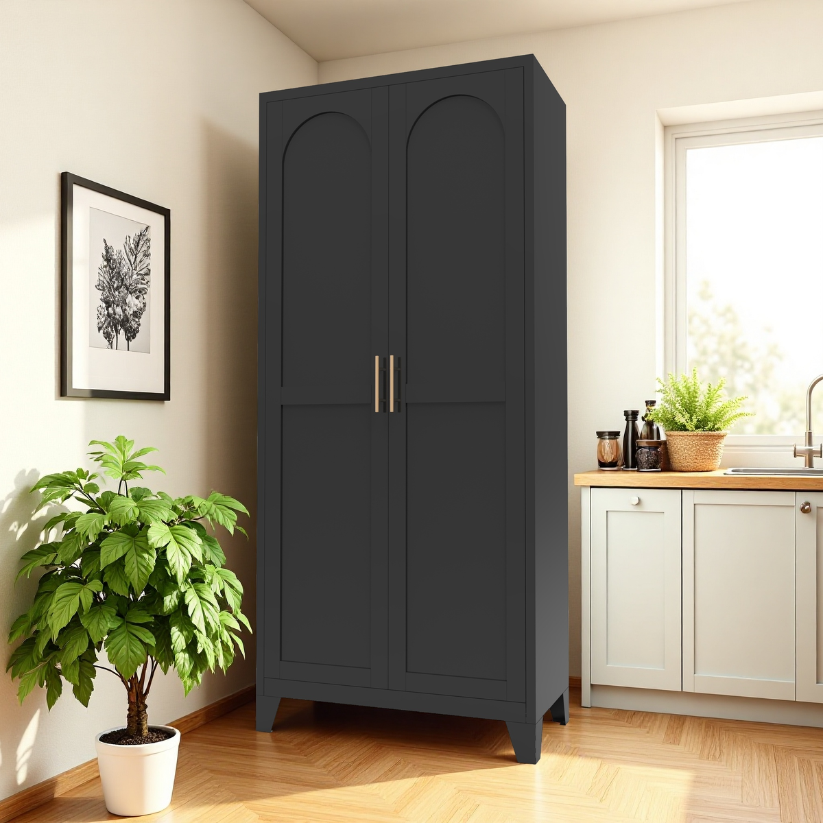 Little Arch 71 cabinet in Graphite in a kitchen corner next to a potted plant
