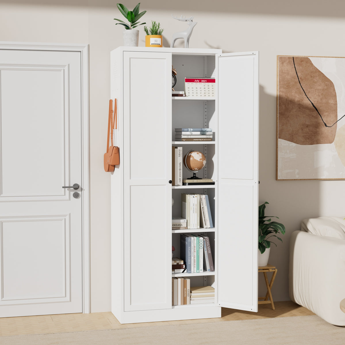 Pantry 72 in an entryway with one door open, shelves holding books