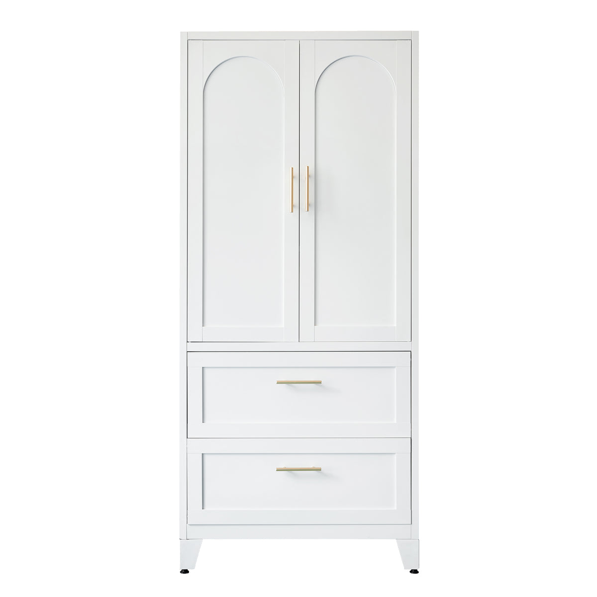 Arch Wardrobe 71 in Chalk, front view with arched doors closed and two drawers