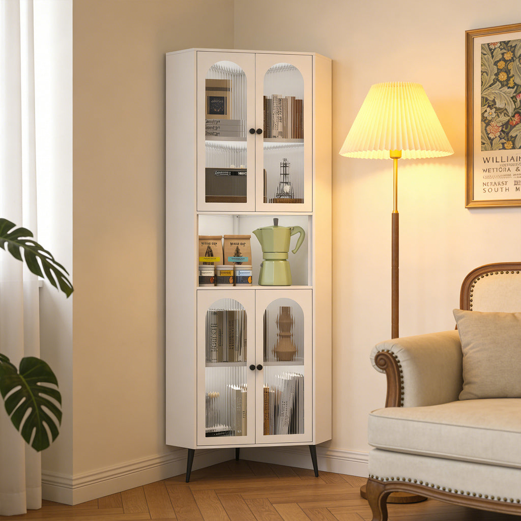 Arch Corner Cabinet 71 in Chalk in a living-room corner beside an armchair and a floor lamp