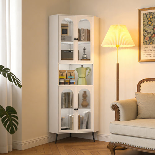 Arch Corner Cabinet 71 in Chalk in a living-room corner beside an armchair and a floor lamp