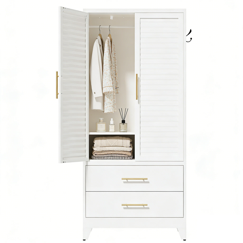 Louvered Wardrobe 71 with one door open, showing the hanging rod and the shelf