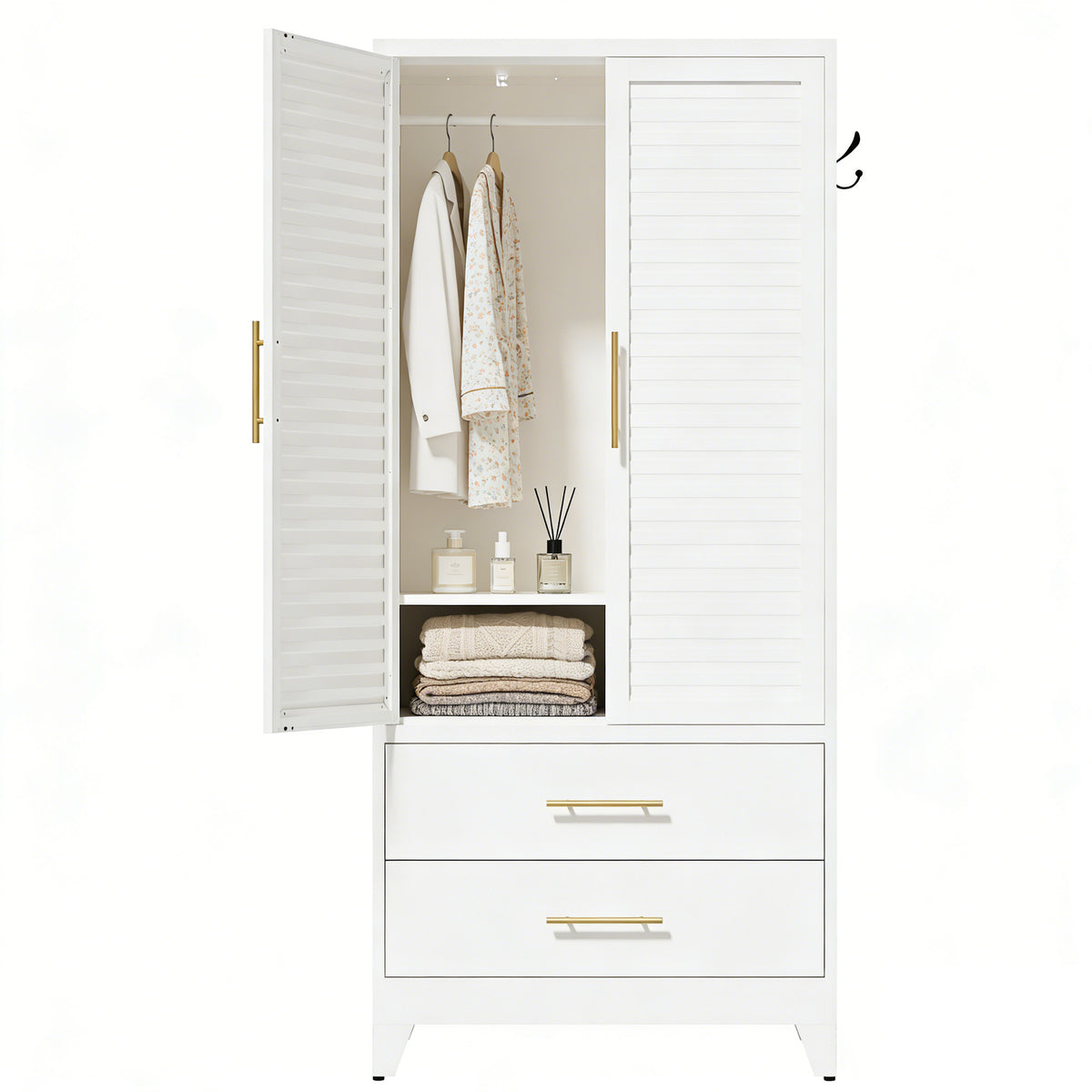 Louvered Wardrobe 71 with one door open, showing the hanging rod and the shelf