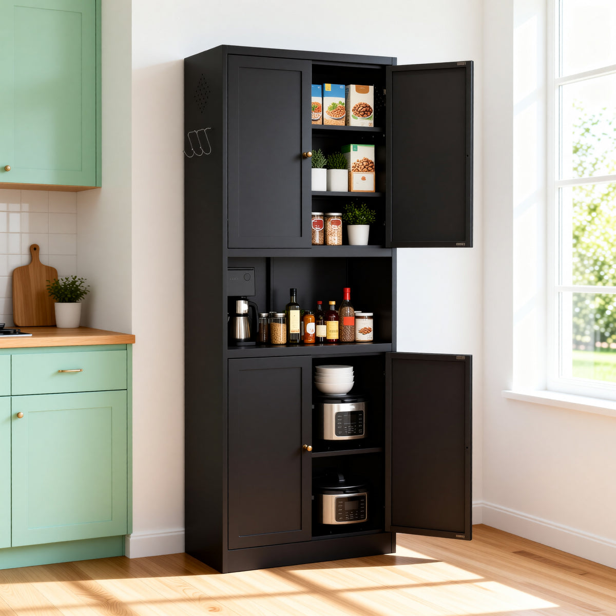 Pantry Hutch 72 in Graphite in a kitchen next to green cabinets, doors open