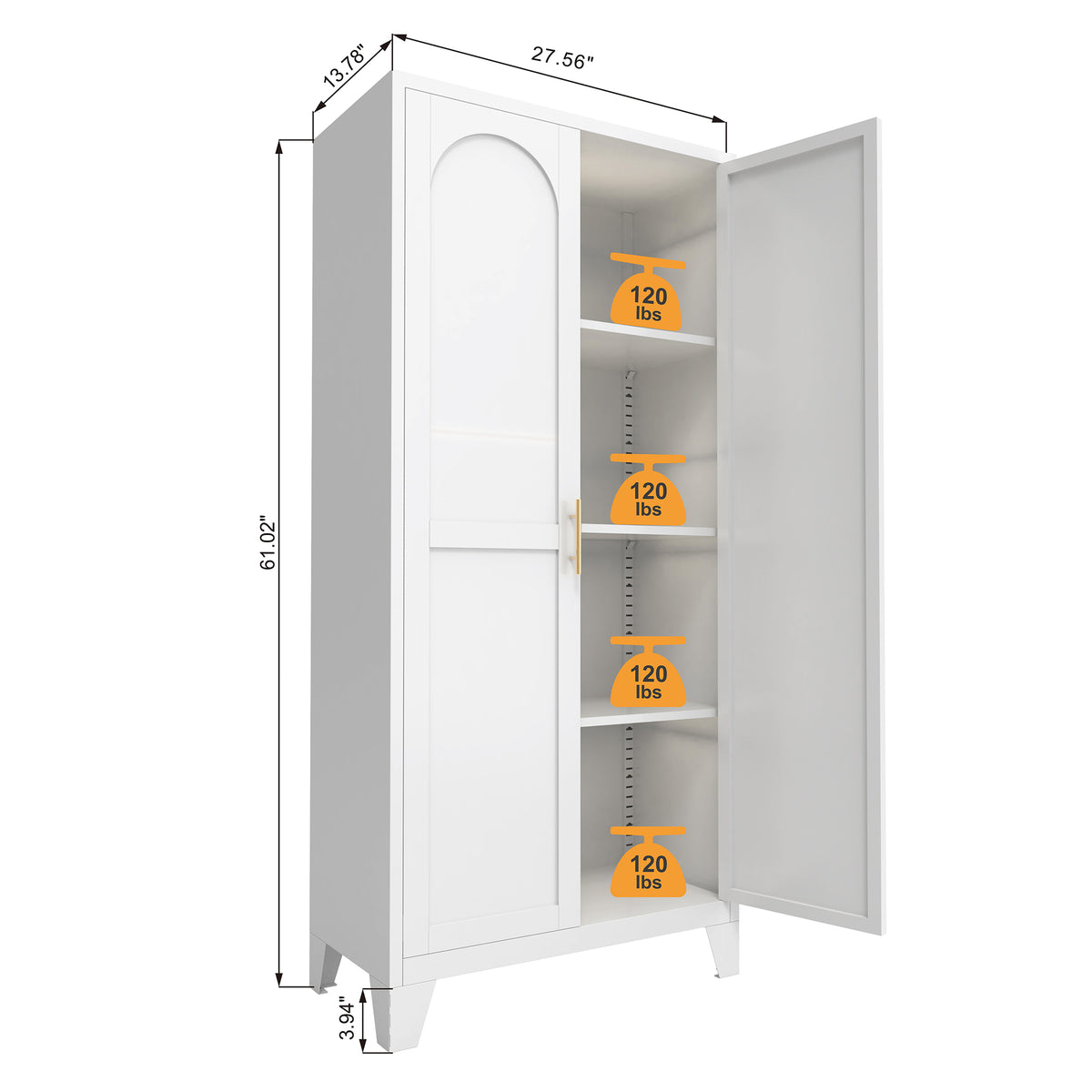Little Arch 71 cabinet in Oat with one door open, showing shelf positions and dimensions