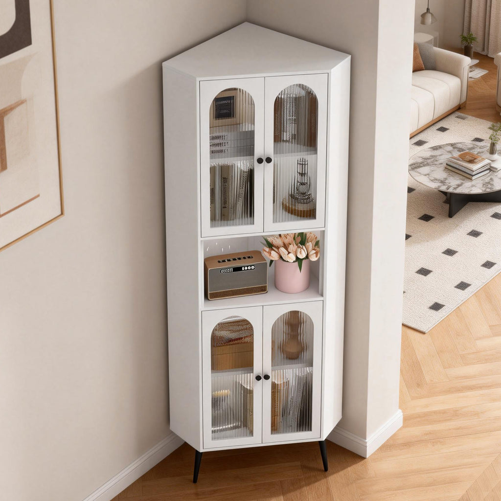 Arch Corner Cabinet 71 in Chalk standing in a room corner, doors closed