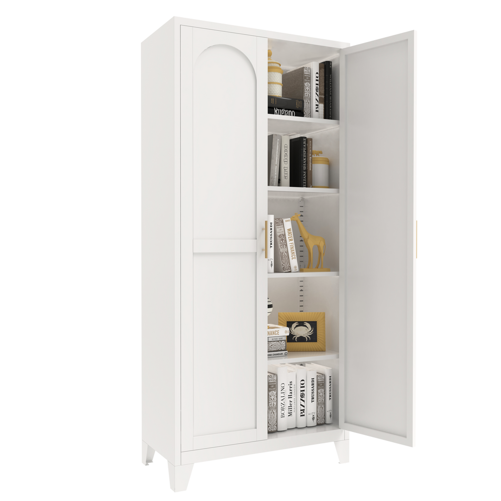Little Arch 71 cabinet in Chalk with one door open, shelves holding books and decor