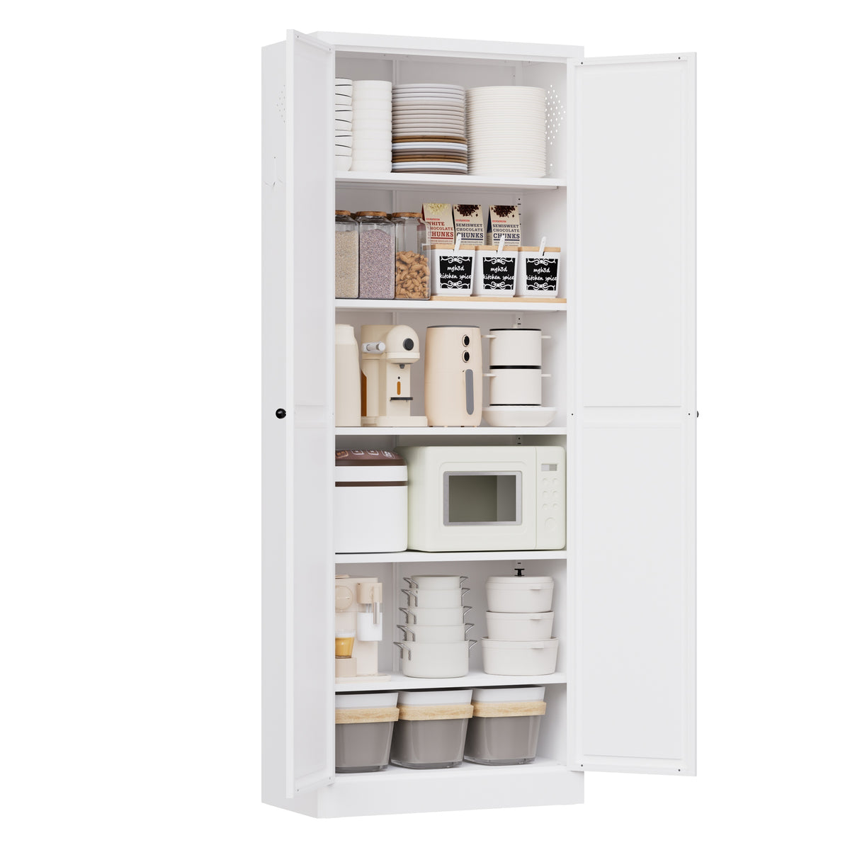 Pantry 72 with doors open, shelves stocked with kitchen supplies