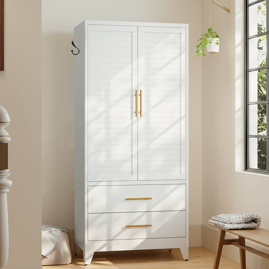 Louvered Wardrobe 71 in Chalk in a bright room, doors closed